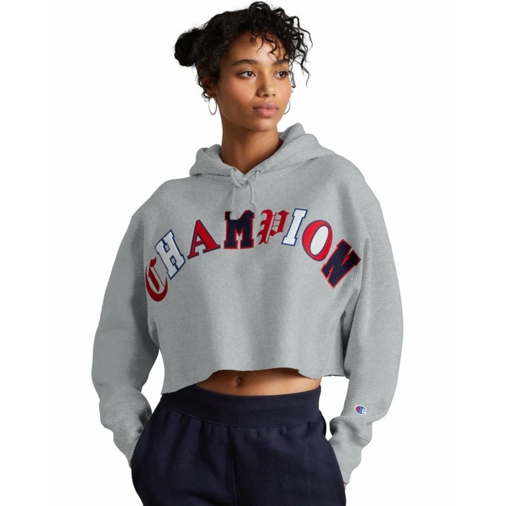 Champion Reverse Weave Cropped Hoodie Gray Arched Logo Womens Small WL757P